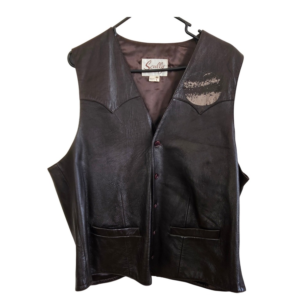 Scully Mens Brown Leather Western Vest Pointed Yoke Button Front‎ Size 48 L